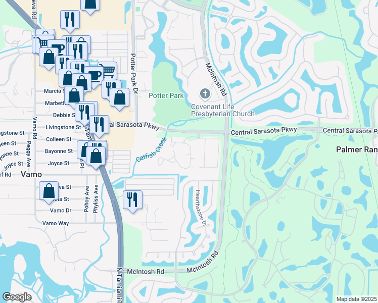 map of restaurants, bars, coffee shops, grocery stores, and more near 4118 Central Sarasota Parkway in Sarasota