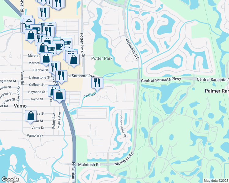 map of restaurants, bars, coffee shops, grocery stores, and more near 4118 Central Sarasota Parkway in Sarasota