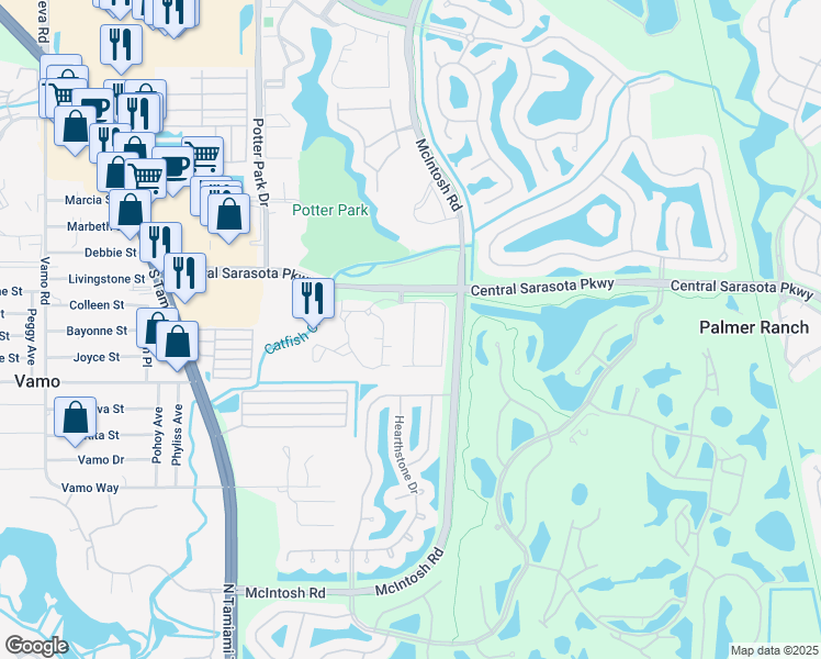 map of restaurants, bars, coffee shops, grocery stores, and more near 4216 Central Sarasota Parkway in Sarasota