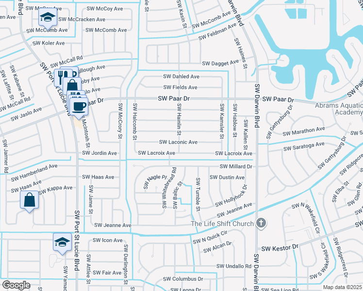 map of restaurants, bars, coffee shops, grocery stores, and more near 465 Southwest Lacroix Avenue in Port St. Lucie