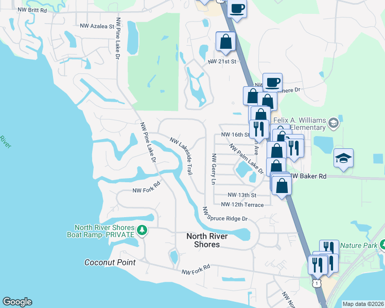 map of restaurants, bars, coffee shops, grocery stores, and more near 1399 Northwest Lakeside Trail in Stuart
