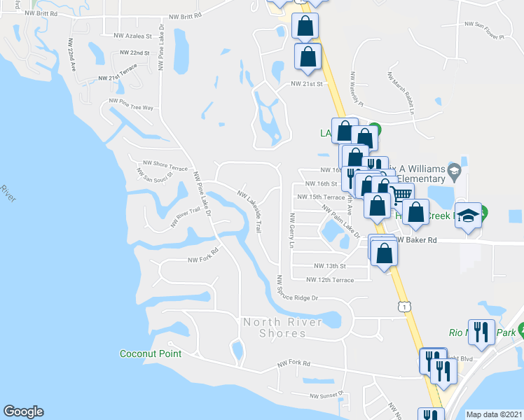 map of restaurants, bars, coffee shops, grocery stores, and more near 1346 Northwest Pine Ridge Trail in Stuart