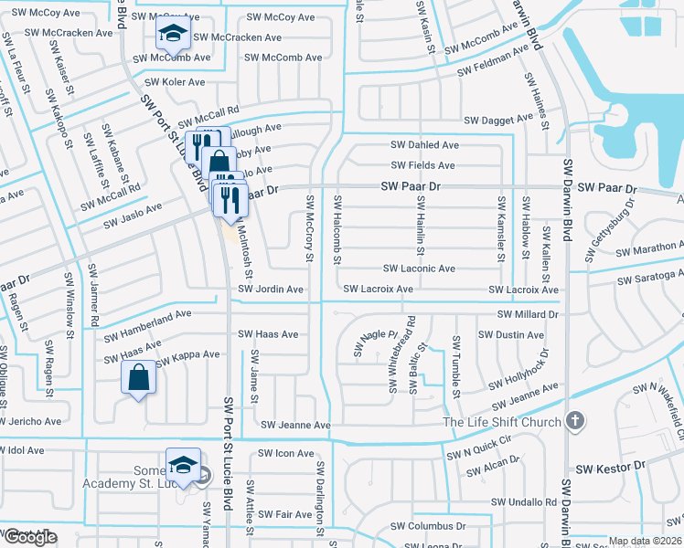 map of restaurants, bars, coffee shops, grocery stores, and more near 4080 Southwest Halcomb Street in Port St. Lucie