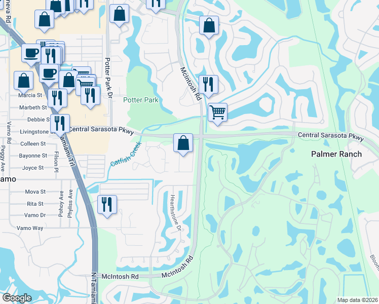 map of restaurants, bars, coffee shops, grocery stores, and more near Sarasota Parkway in Sarasota