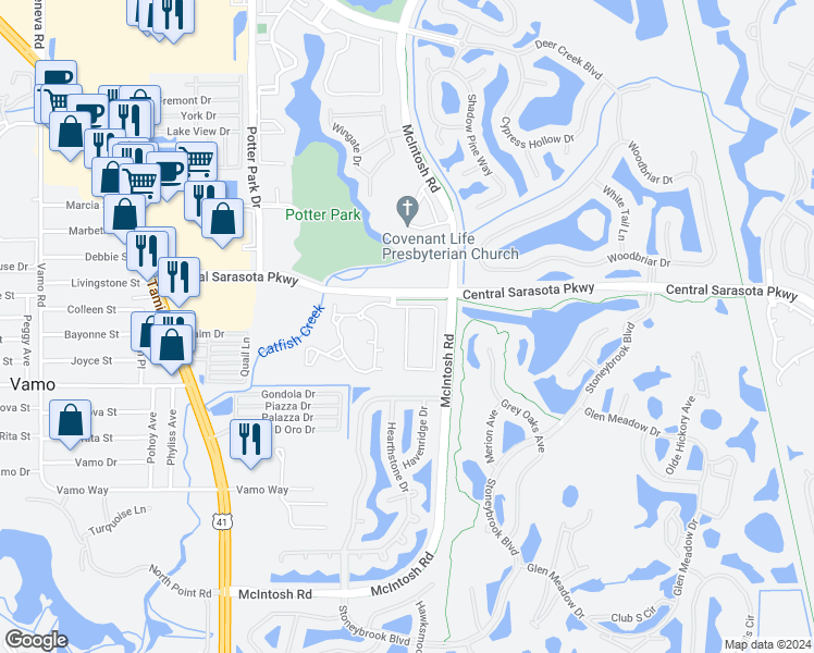 map of restaurants, bars, coffee shops, grocery stores, and more near Sarasota Parkway in Sarasota