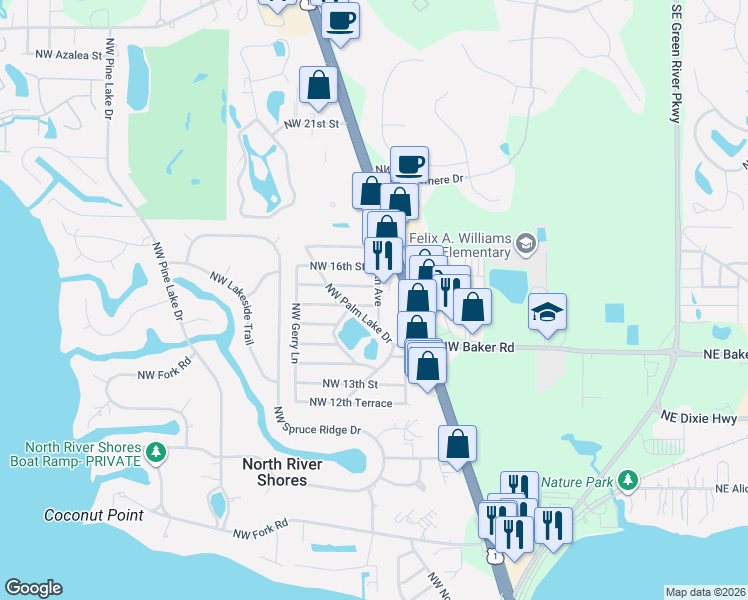 map of restaurants, bars, coffee shops, grocery stores, and more near 990 Northwest Palm Lake Drive in Stuart