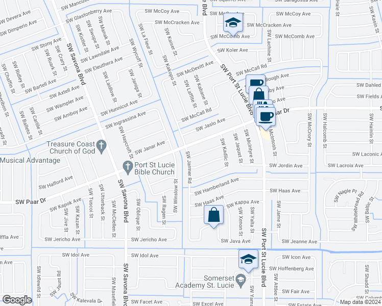 map of restaurants, bars, coffee shops, grocery stores, and more near 999 Southwest Jasper Avenue in Port St. Lucie