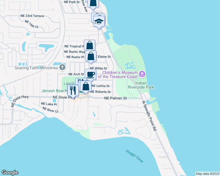 map of restaurants, bars, coffee shops, grocery stores, and more near 1670 Northeast Media Avenue in Jensen Beach