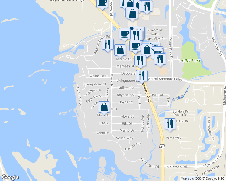 map of restaurants, bars, coffee shops, grocery stores, and more near 8649 Vamo Road in Sarasota