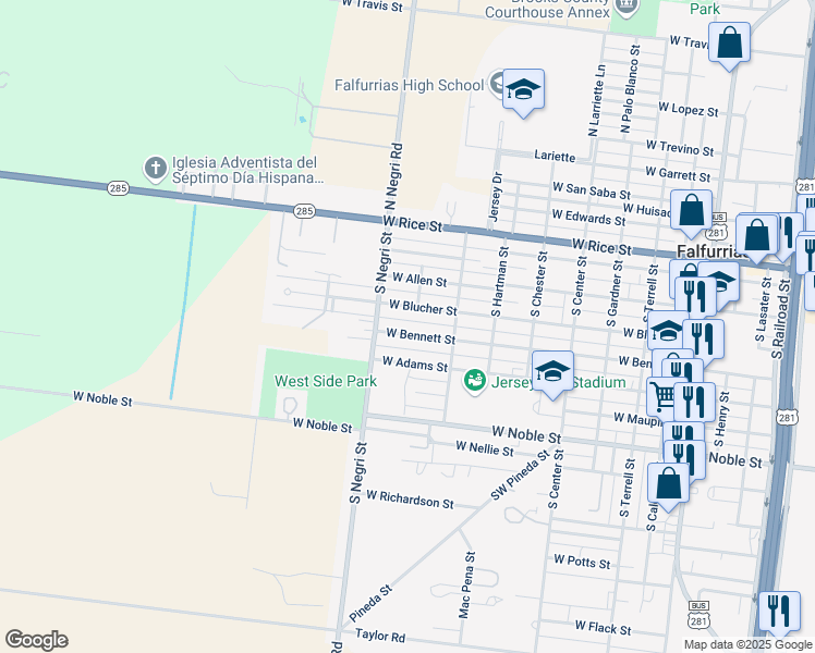map of restaurants, bars, coffee shops, grocery stores, and more near 801-899 West Blucher Street in Falfurrias