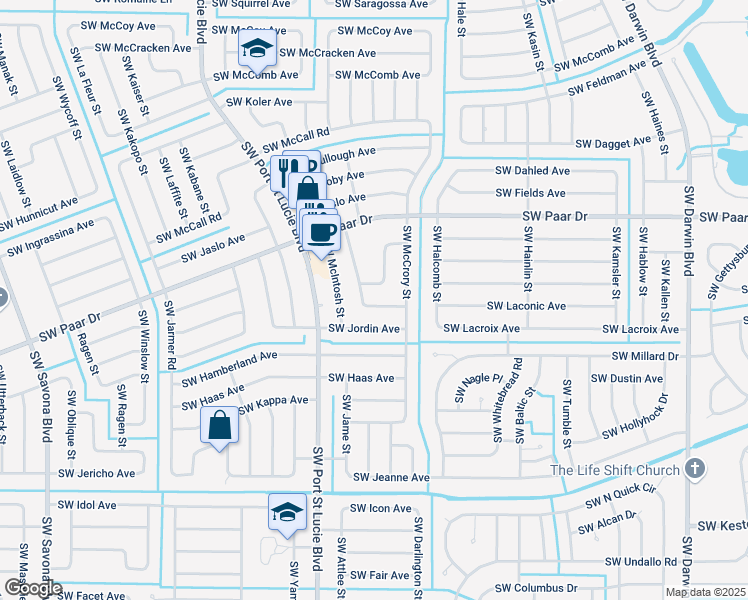 map of restaurants, bars, coffee shops, grocery stores, and more near 693 Southwest Jada Road in Port St. Lucie