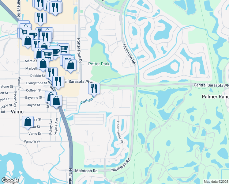 map of restaurants, bars, coffee shops, grocery stores, and more near 4100 Central Sarasota Parkway in Sarasota