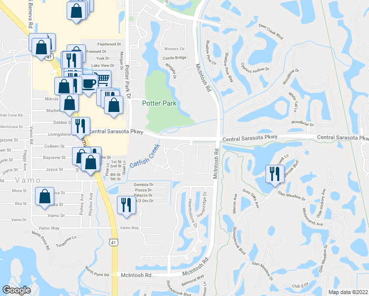map of restaurants, bars, coffee shops, grocery stores, and more near 4100 Central Sarasota Parkway in Sarasota