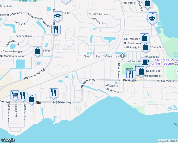 map of restaurants, bars, coffee shops, grocery stores, and more near 1682 Northeast Maureen Court in Jensen Beach