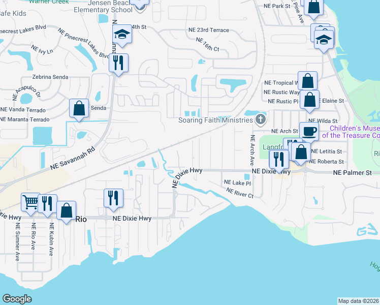 map of restaurants, bars, coffee shops, grocery stores, and more near 1622 Northeast Maureen Court in Jensen Beach
