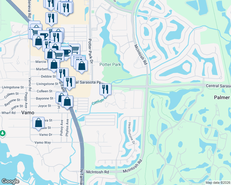 map of restaurants, bars, coffee shops, grocery stores, and more near 4156 Central Sarasota Parkway in Sarasota