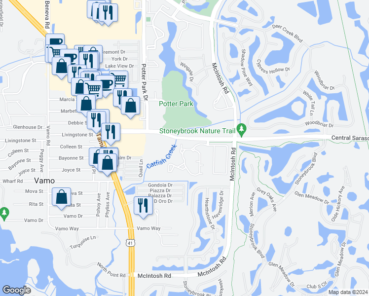 map of restaurants, bars, coffee shops, grocery stores, and more near 4156 Central Sarasota Parkway in Sarasota