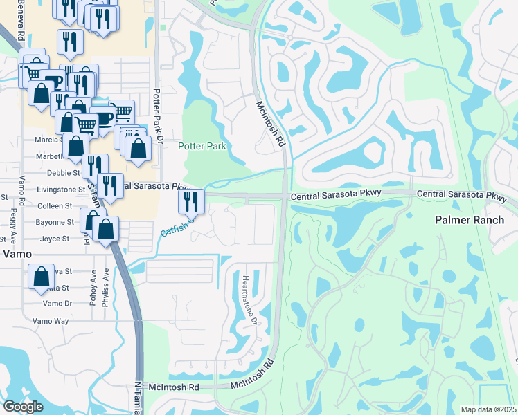 map of restaurants, bars, coffee shops, grocery stores, and more near 4100 Central Sarasota Parkway in Sarasota