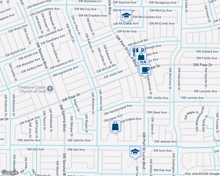 map of restaurants, bars, coffee shops, grocery stores, and more near 972 Southwest Paar Drive in Port St. Lucie