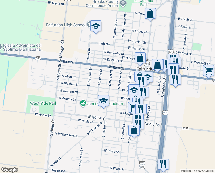 map of restaurants, bars, coffee shops, grocery stores, and more near 301-349 S Center St in Falfurrias