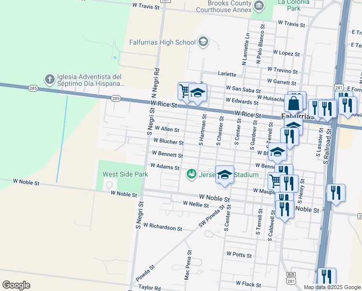 map of restaurants, bars, coffee shops, grocery stores, and more near 801 West Blucher Street in Falfurrias