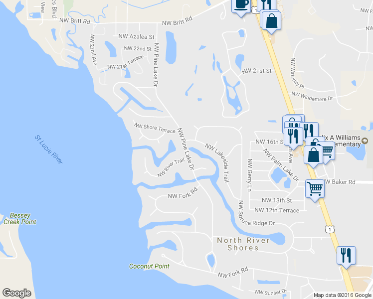 map of restaurants, bars, coffee shops, grocery stores, and more near Northwest Pine Lake Drive in Stuart