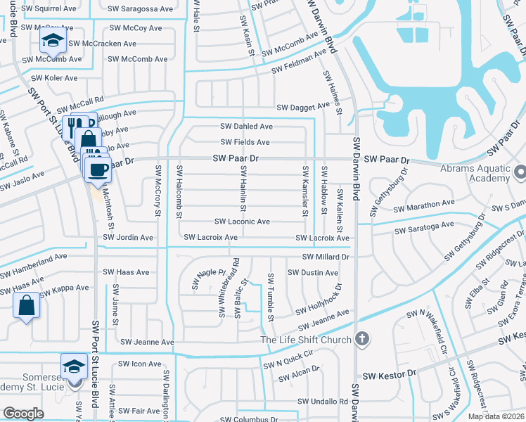 map of restaurants, bars, coffee shops, grocery stores, and more near 442 Southwest Kabot Avenue in Port St. Lucie