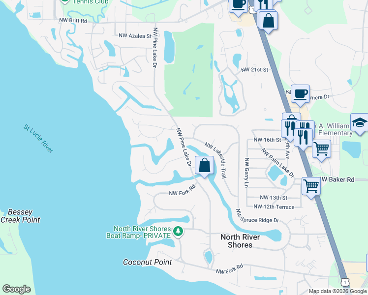 map of restaurants, bars, coffee shops, grocery stores, and more near Northwest Pine Lake Drive in Stuart
