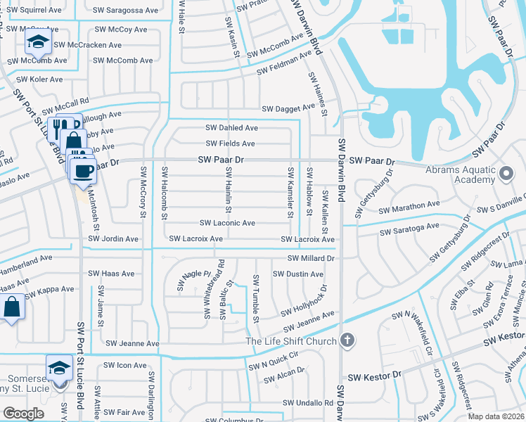 map of restaurants, bars, coffee shops, grocery stores, and more near 442 Southwest Kabot Avenue in Port St. Lucie