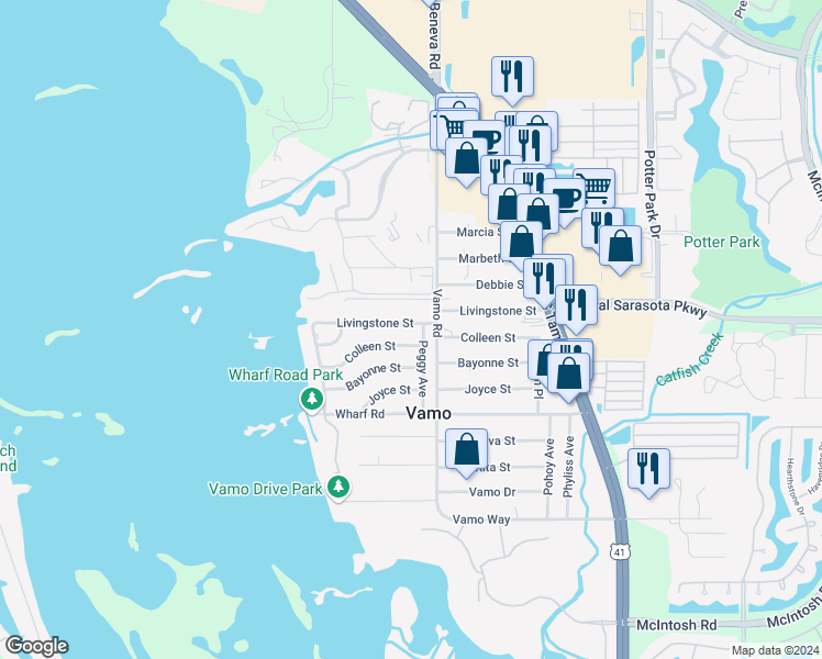 map of restaurants, bars, coffee shops, grocery stores, and more near 1736 Livingstone Street in Sarasota