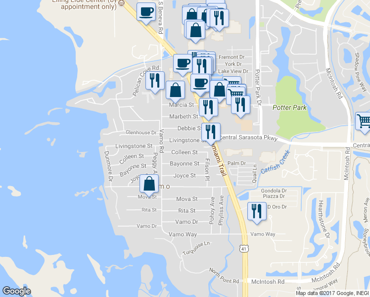 map of restaurants, bars, coffee shops, grocery stores, and more near 1875 Colleen Street in Sarasota