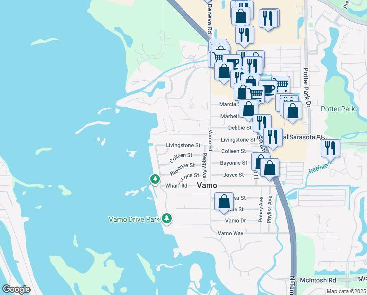 map of restaurants, bars, coffee shops, grocery stores, and more near 1700 Livingstone Street in Sarasota