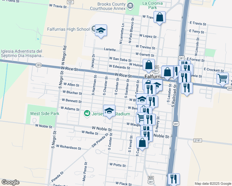 map of restaurants, bars, coffee shops, grocery stores, and more near 349 S Center St in Falfurrias