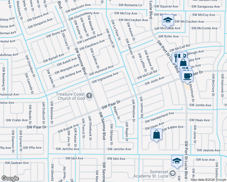 map of restaurants, bars, coffee shops, grocery stores, and more near 1066 Southwest Spataro Avenue in Port St. Lucie