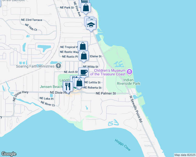 map of restaurants, bars, coffee shops, grocery stores, and more near 2602 Northeast Myrtle Street in Jensen Beach