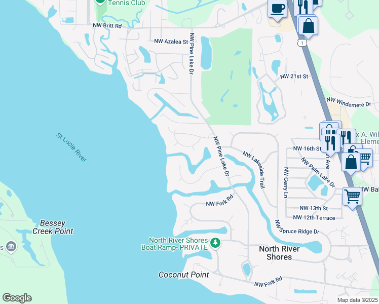 map of restaurants, bars, coffee shops, grocery stores, and more near 1616 Northwest Bay Tree Circle in Stuart