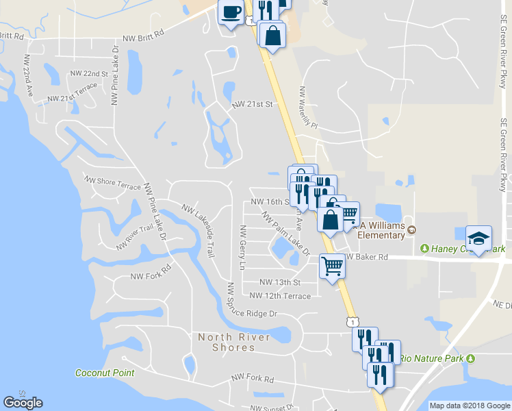 map of restaurants, bars, coffee shops, grocery stores, and more near 1642 Northwest Palm Lake Drive in Stuart