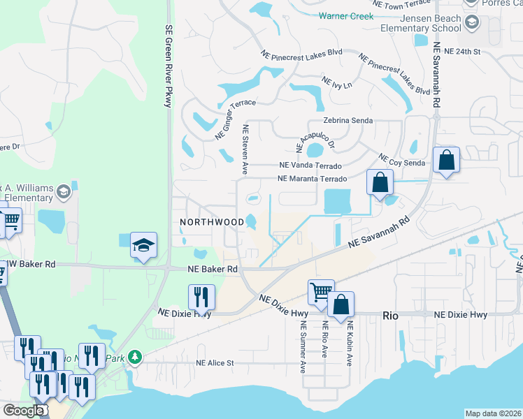 map of restaurants, bars, coffee shops, grocery stores, and more near 1859 Northeast Victorian Lane in Jensen Beach