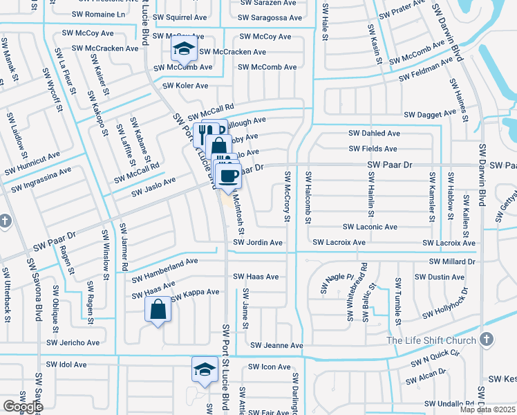 map of restaurants, bars, coffee shops, grocery stores, and more near 693 Southwest Jada Road in Port St. Lucie