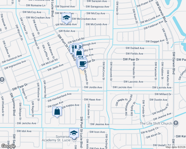 map of restaurants, bars, coffee shops, grocery stores, and more near 693 Southwest Jada Road in Port St. Lucie