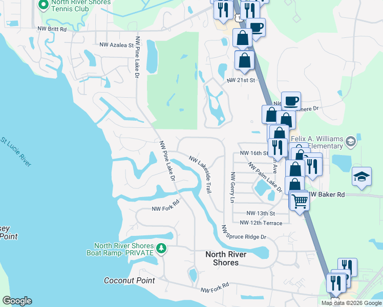map of restaurants, bars, coffee shops, grocery stores, and more near 1489 Northwest Lakeside Trail in Stuart