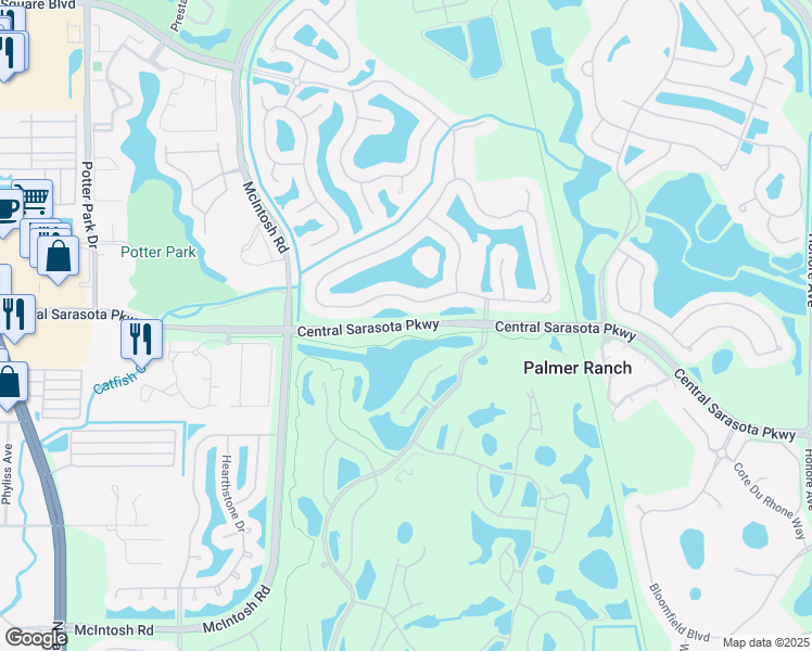 map of restaurants, bars, coffee shops, grocery stores, and more near 4228 Central Sarasota Parkway in Sarasota
