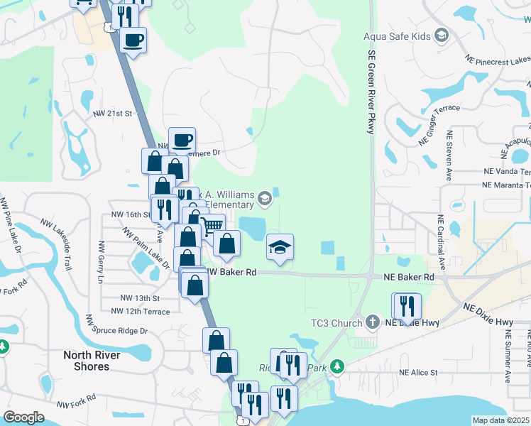 map of restaurants, bars, coffee shops, grocery stores, and more near 401 Northwest Baker Road in Stuart