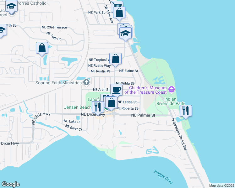 map of restaurants, bars, coffee shops, grocery stores, and more near 2390 Northeast Dixie Highway in Jensen Beach