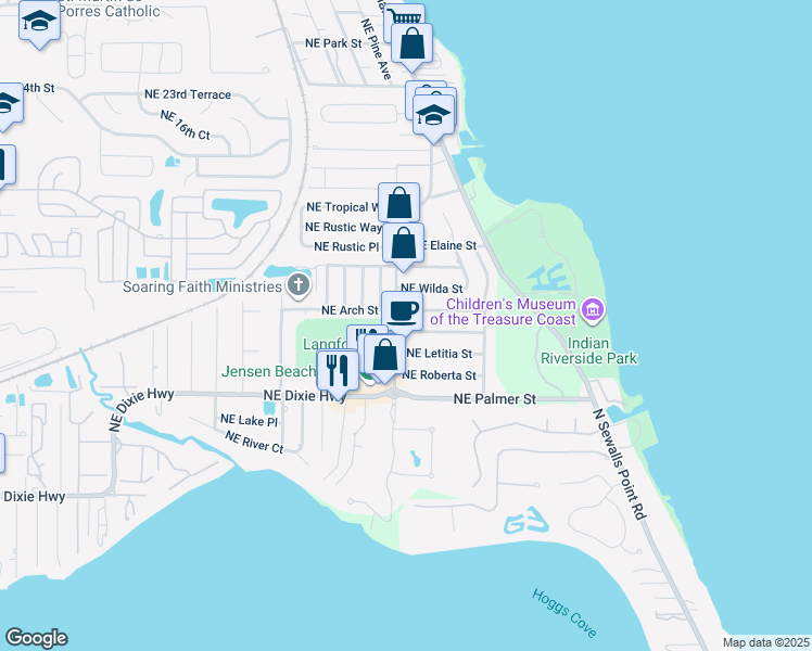 map of restaurants, bars, coffee shops, grocery stores, and more near 2390 Northeast Dixie Highway in Jensen Beach