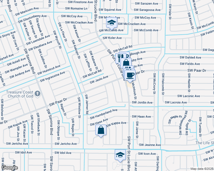 map of restaurants, bars, coffee shops, grocery stores, and more near 4001 Southwest Kadlic Street in Port St. Lucie