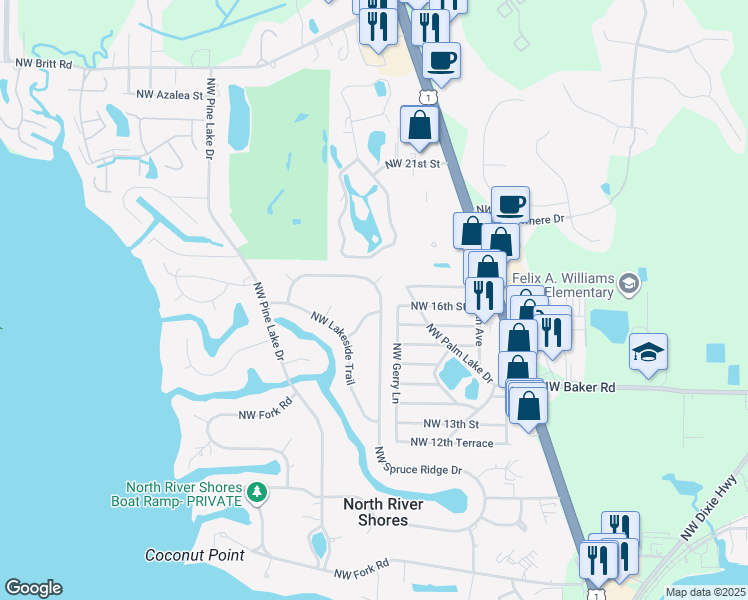 map of restaurants, bars, coffee shops, grocery stores, and more near 1544 Northwest Spruce Ridge Drive in Stuart