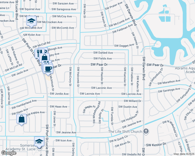 map of restaurants, bars, coffee shops, grocery stores, and more near 520 Southwest Kabot Avenue in Port St. Lucie
