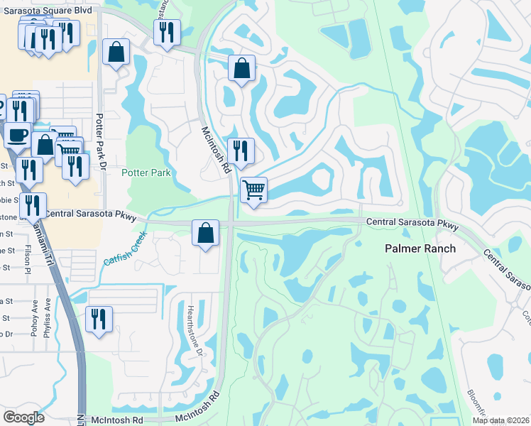map of restaurants, bars, coffee shops, grocery stores, and more near 8643 Woodbriar Drive in Sarasota