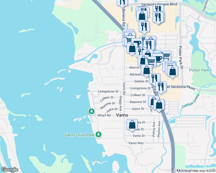 map of restaurants, bars, coffee shops, grocery stores, and more near 1702 Glenhouse Drive in Sarasota